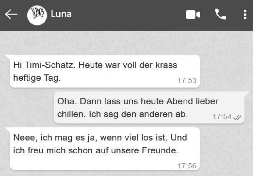 Chatverlauf zwischen zwei Personen auf einem Messenger-Screenshot.